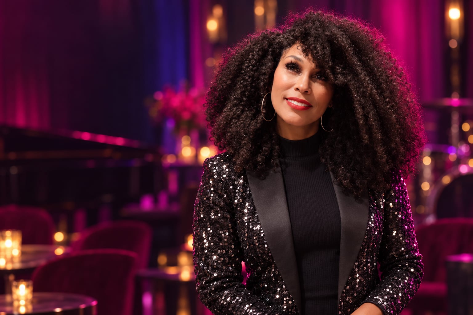 Seven in a sequinned jacket in a candlelit lounge, a grand piano and velvet chairs behind her.