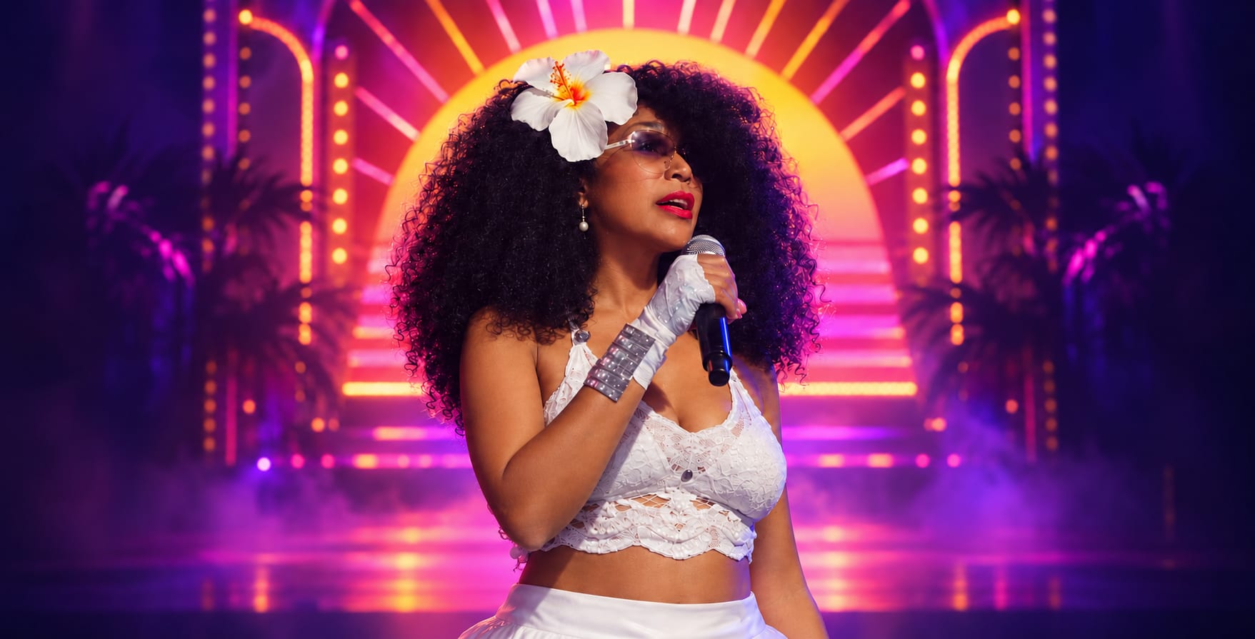 A singer in a white lace two-piece with a flower in her hair, on a stage lit by a neon sunset arch and palm silhouettes.