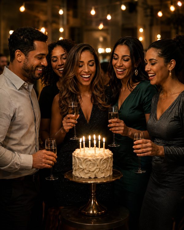 Friends raising glasses around a lit birthday cake.