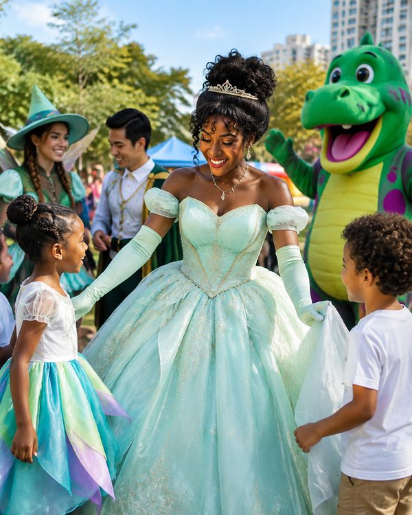 A costumed performer surrounded by delighted children.