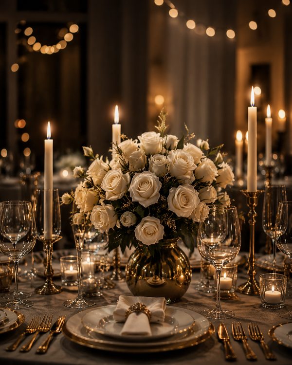 A candlelit table set with white roses.