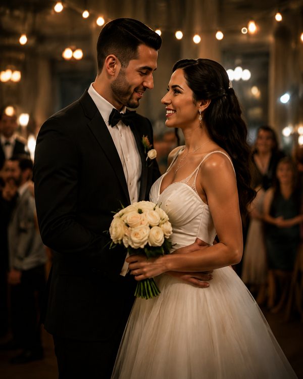 A couple close together on the dance floor under string lights.