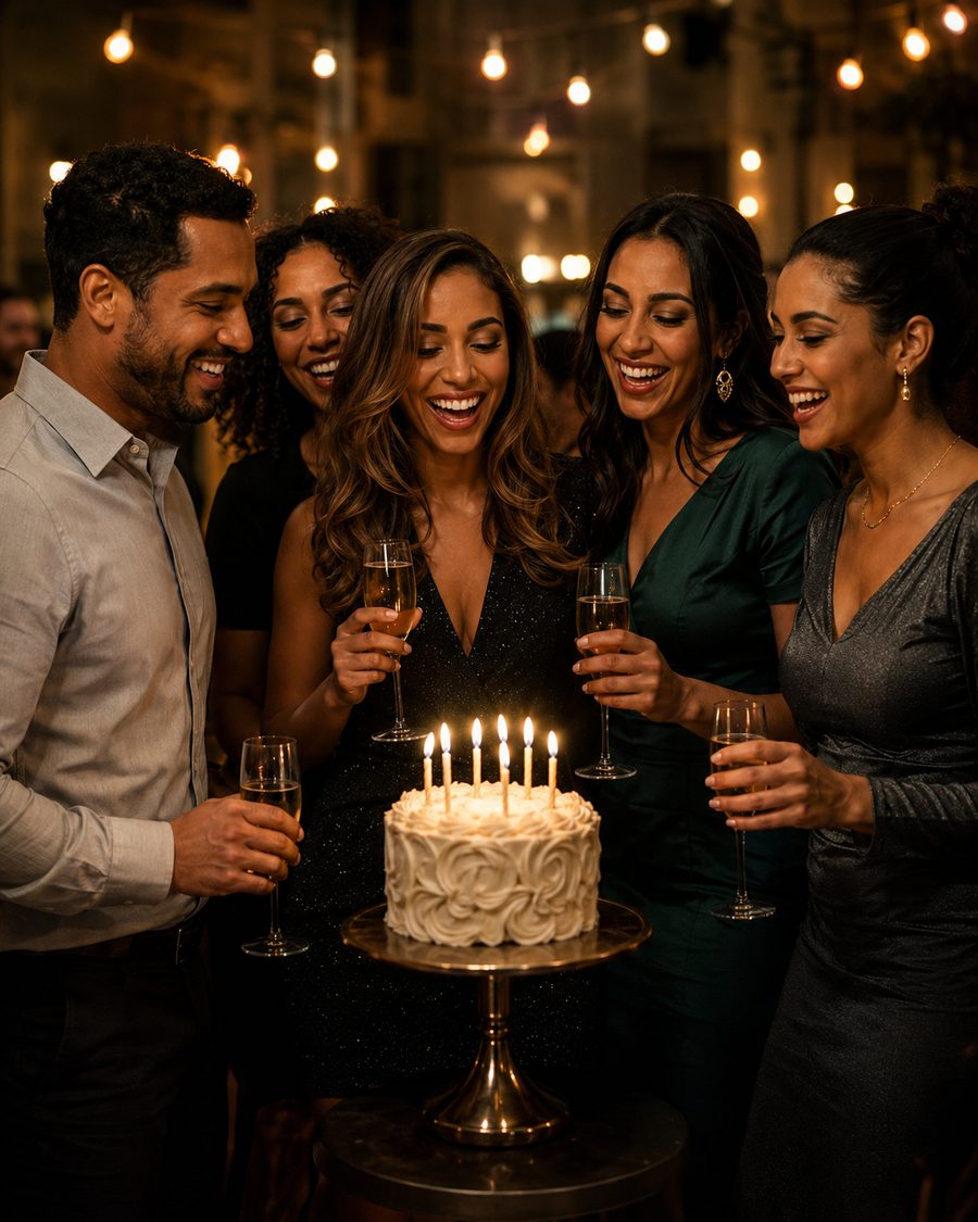 Guests raising glasses around a lit birthday cake.