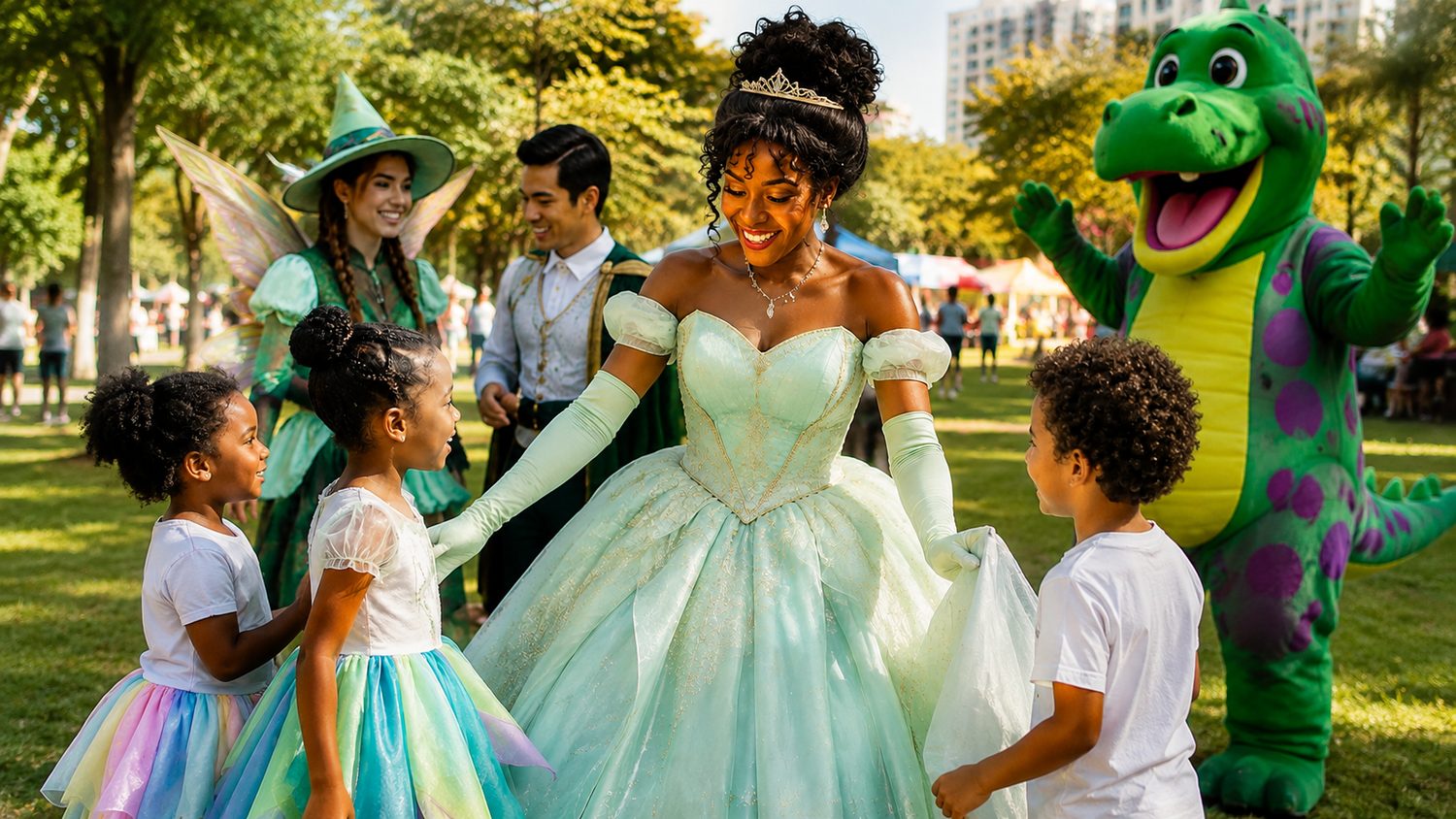 Children with a costumed entertainer at an outdoor party.