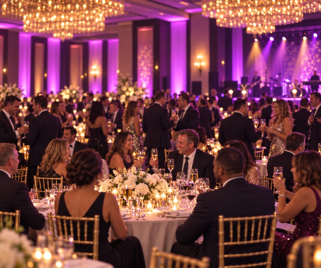 A black-tie ballroom of round tables under chandeliers, guests with champagne and a band on the lit stage behind.