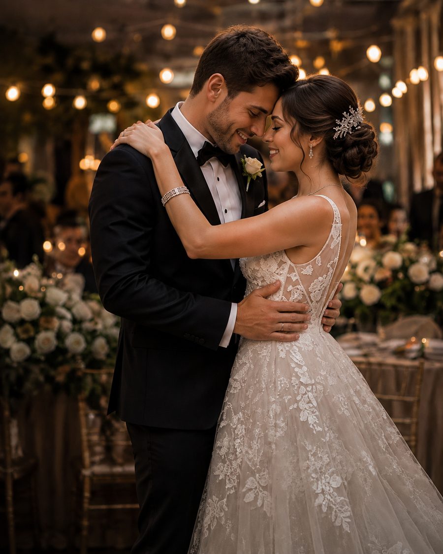 A couple close together on the dance floor.