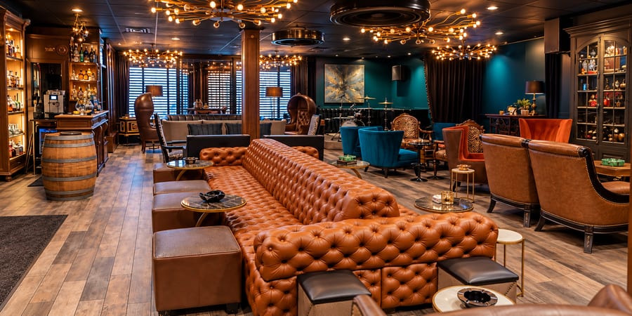 A cigar lounge with tufted leather seating, humidor cabinets and a small stage at the back.